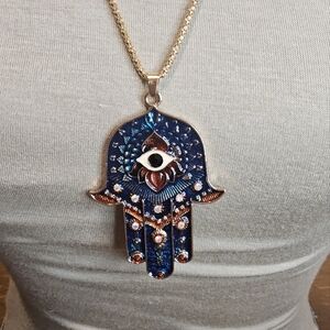 NWT HAMSA EVIL EYE HEALING HAND RHINESTONE STATEMENT PENDANT